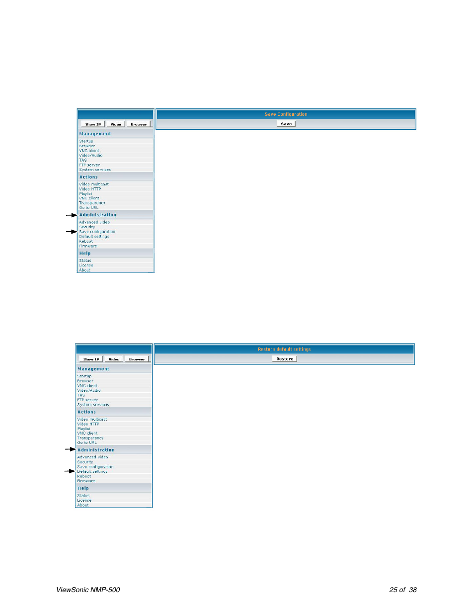 Save configuration, Default settings | VIEWSONIC Network Media Player NMP-500 User Manual | Page 29 / 43