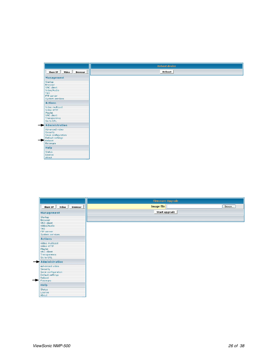 Reboot, Firmware upgrade | VIEWSONIC Network Media Player NMP-500 User Manual | Page 30 / 43