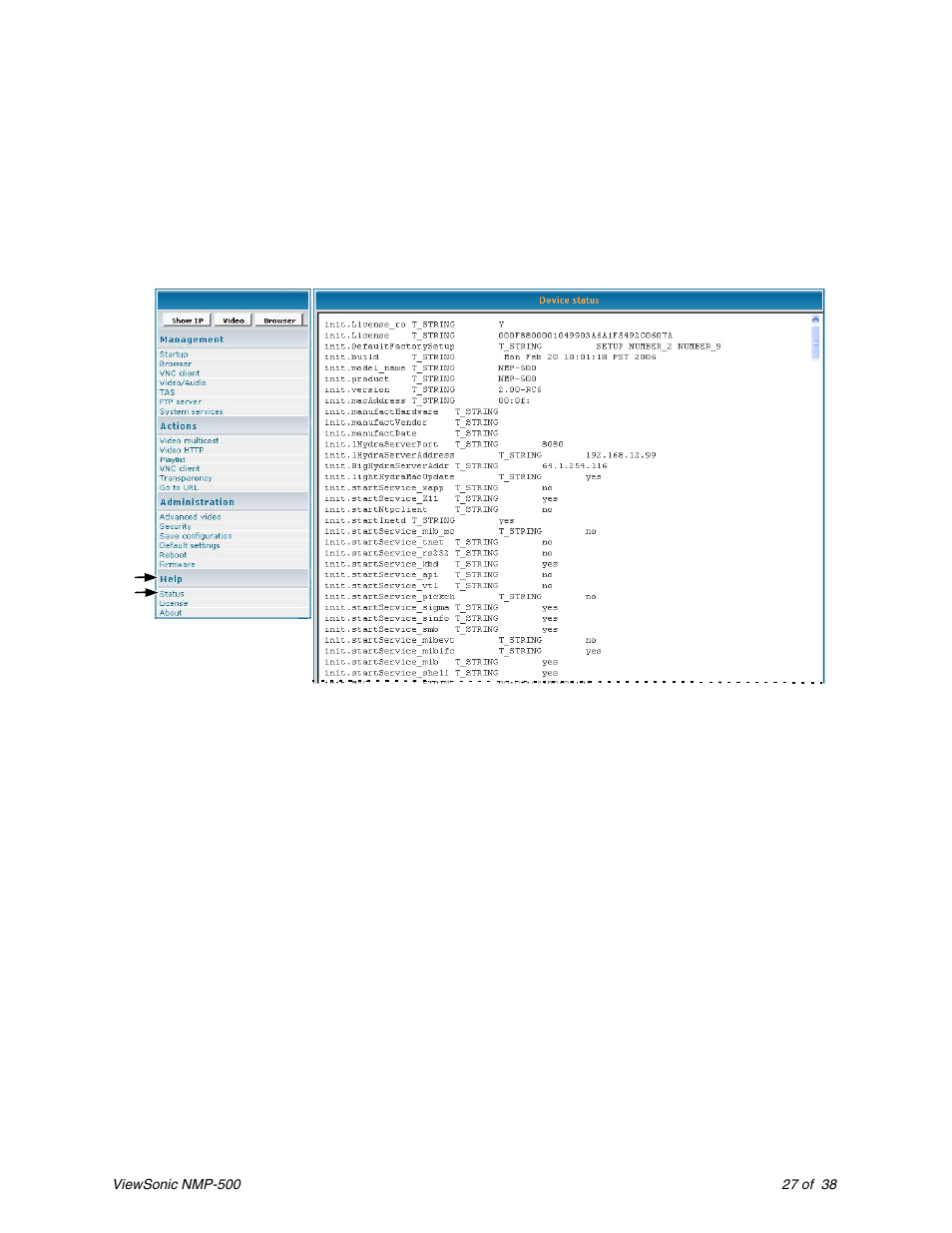 Help, Status | VIEWSONIC Network Media Player NMP-500 User Manual | Page 31 / 43