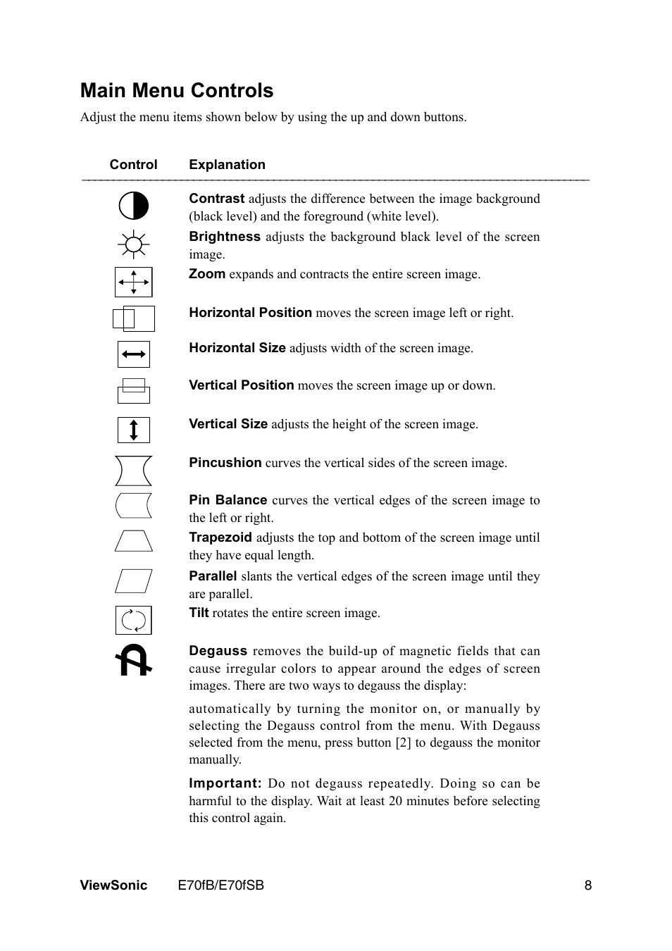 Main menu controls | VIEWSONIC E70fb User Manual | Page 10 / 17