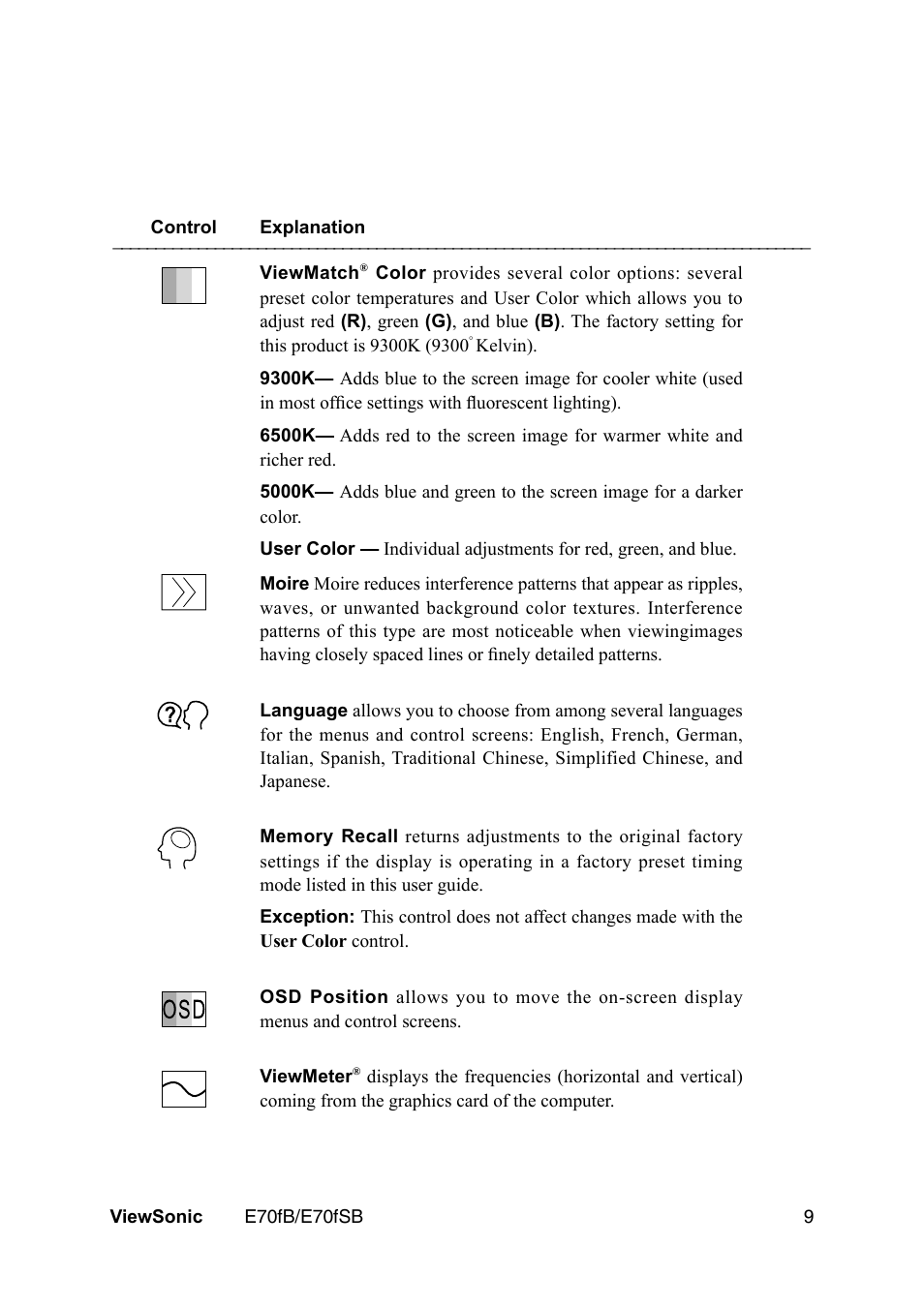 VIEWSONIC E70fb User Manual | Page 11 / 17