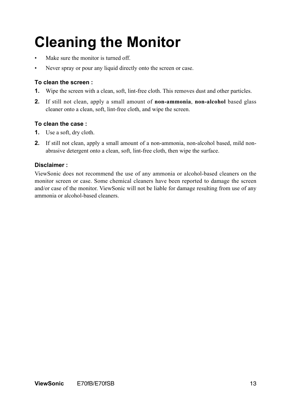 Cleaning the monitor | VIEWSONIC E70fb User Manual | Page 15 / 17