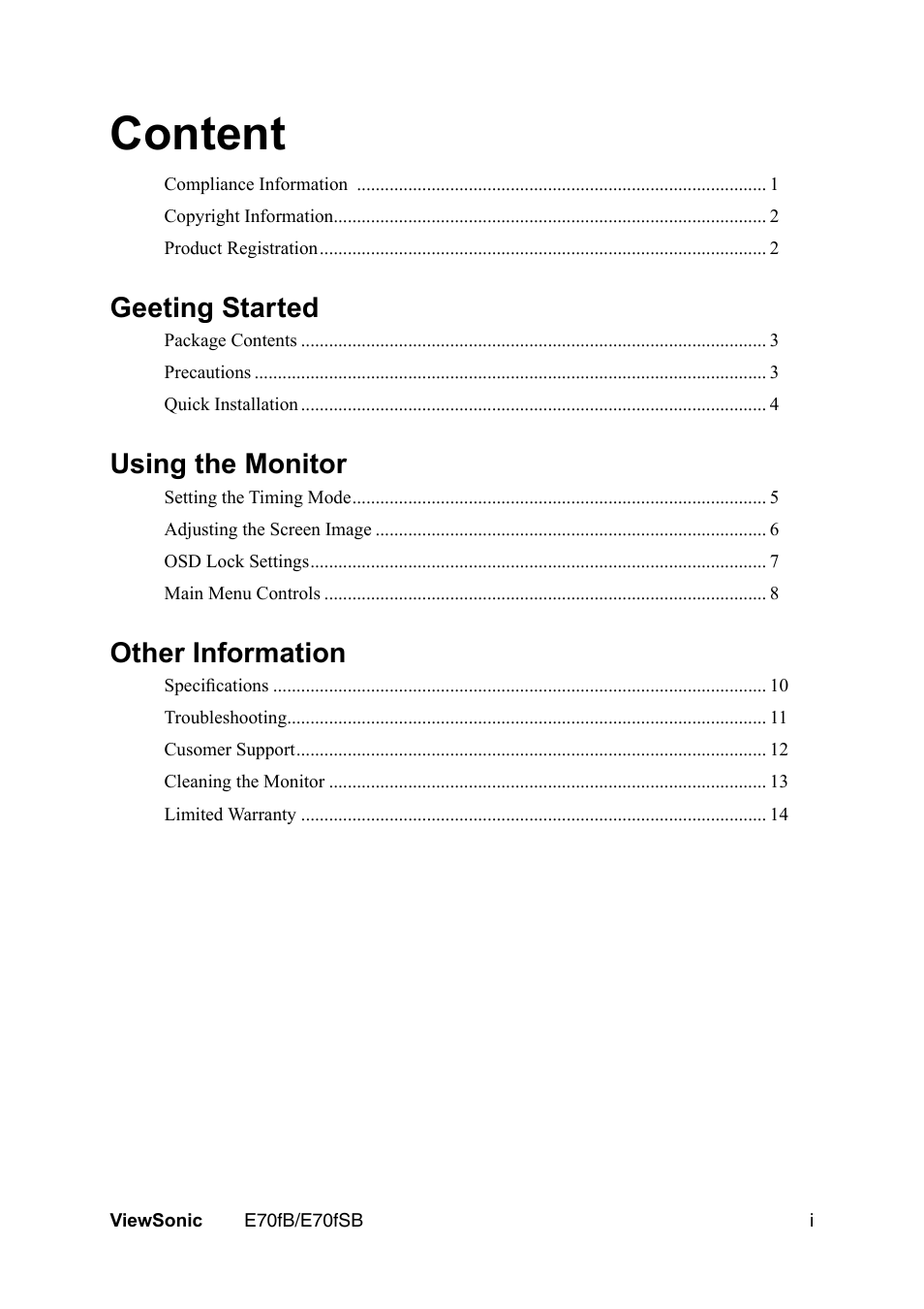 Compliance information, Content | VIEWSONIC E70fb User Manual | Page 2 / 17