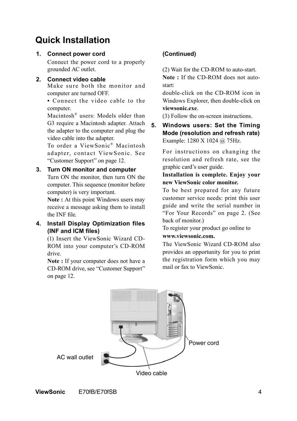 Quick installation | VIEWSONIC E70fb User Manual | Page 6 / 17