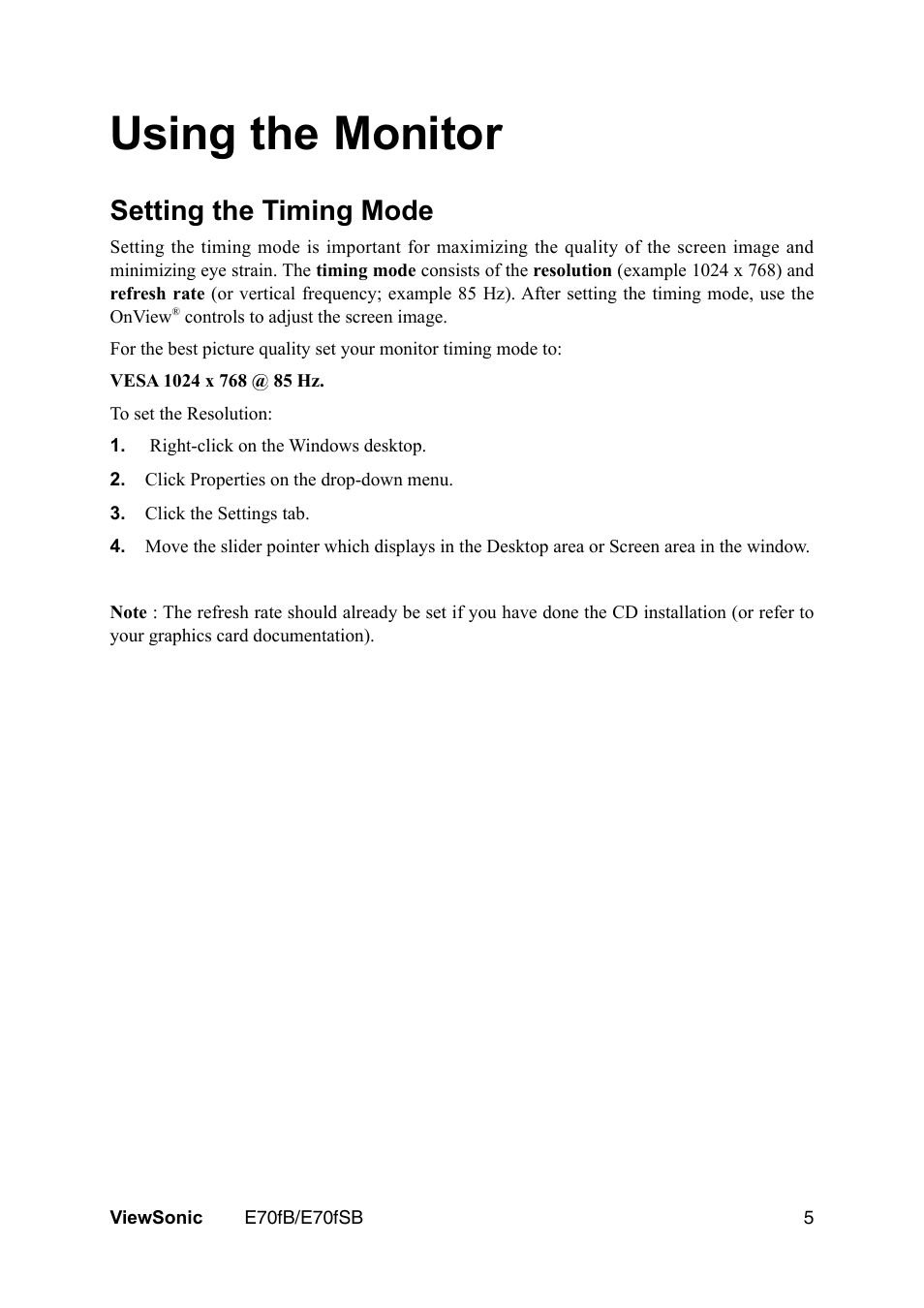 Using the monitor, Setting the timing mode, Osd lock settings | VIEWSONIC E70fb User Manual | Page 7 / 17