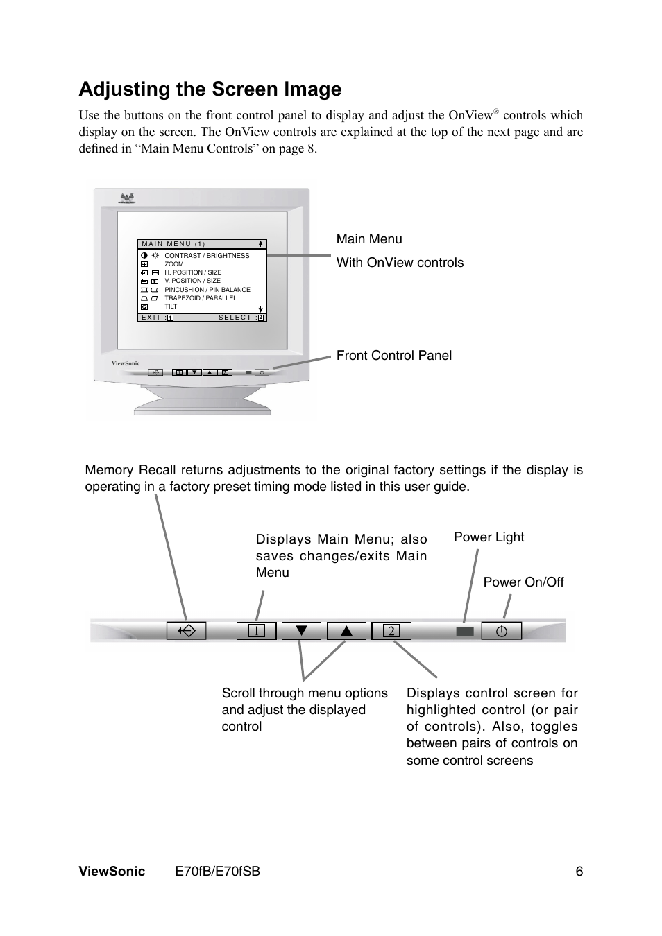 Adjusting the screen image | VIEWSONIC E70fb User Manual | Page 8 / 17