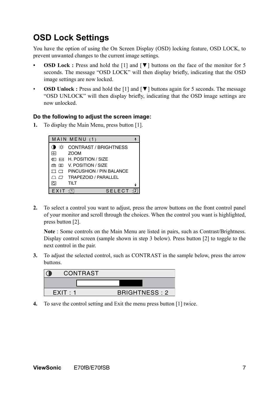 Osd lock settings | VIEWSONIC E70fb User Manual | Page 9 / 17