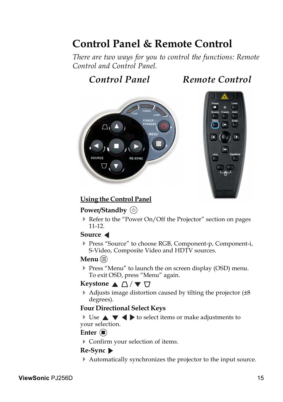 Control panel & remote control, Remote control control panel | VIEWSONIC PJ256D User Manual | Page 19 / 38