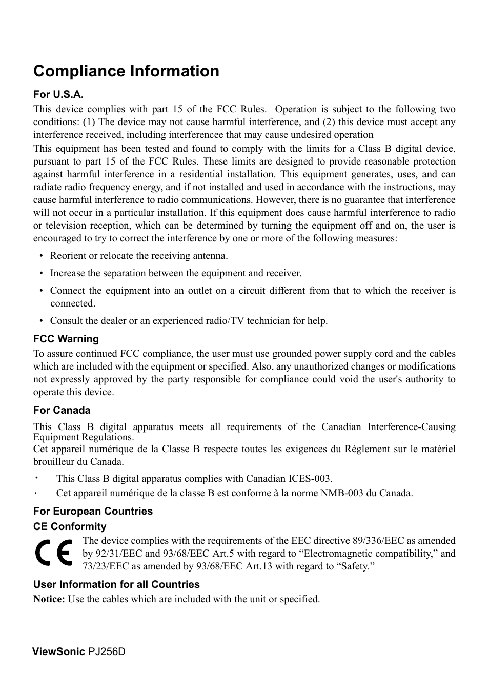 Compliance information | VIEWSONIC PJ256D User Manual | Page 2 / 38