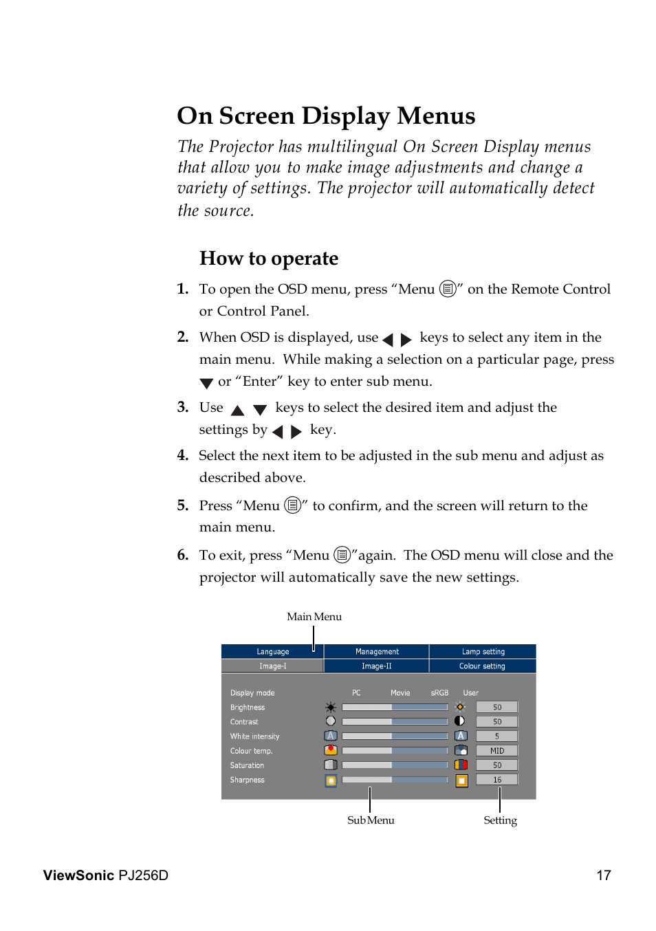 On screen display menus, How to operate | VIEWSONIC PJ256D User Manual | Page 21 / 38