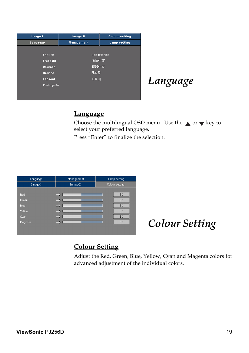 Language, Colour setting | VIEWSONIC PJ256D User Manual | Page 23 / 38