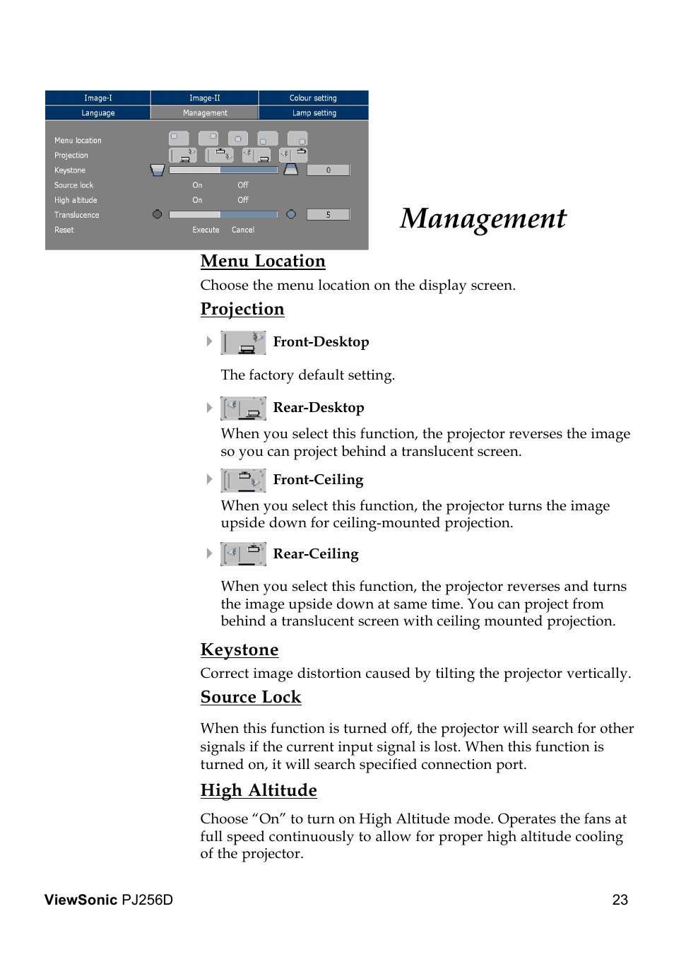 Management | VIEWSONIC PJ256D User Manual | Page 27 / 38