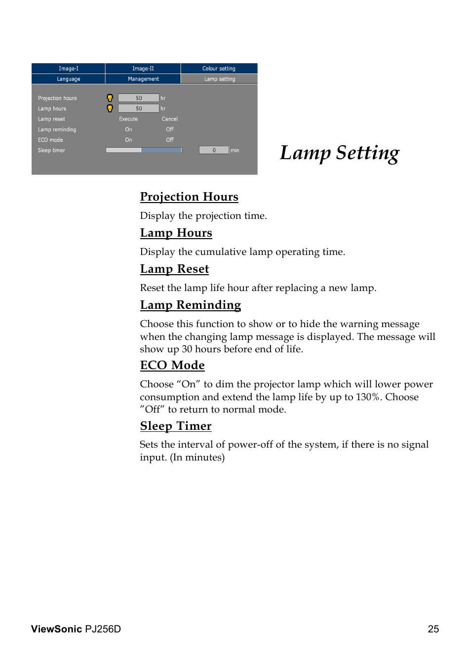 Lamp setting | VIEWSONIC PJ256D User Manual | Page 29 / 38