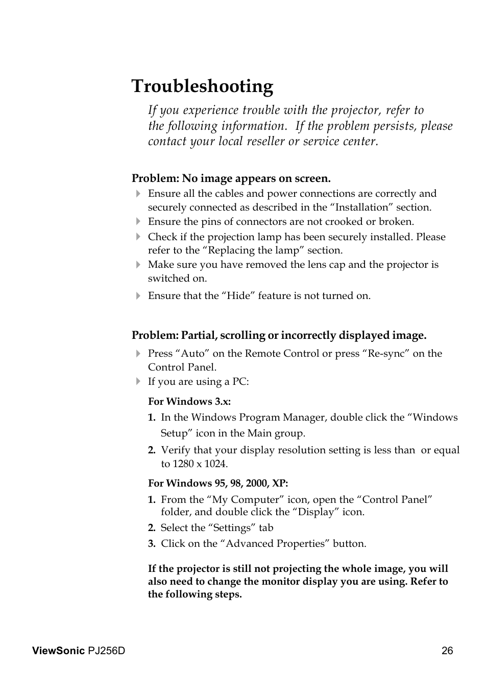 Troubleshooting | VIEWSONIC PJ256D User Manual | Page 30 / 38