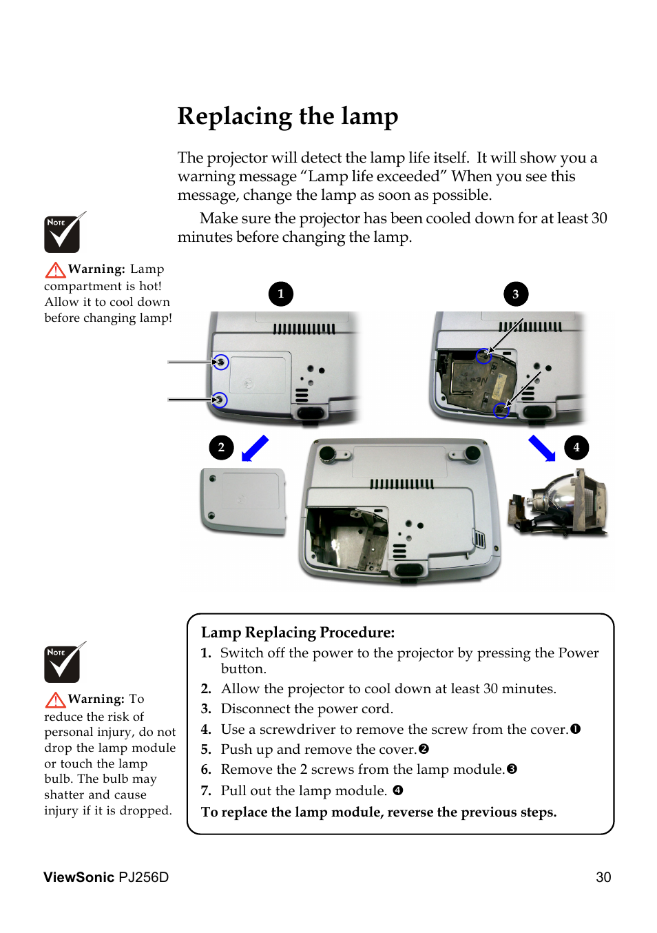 Replacing the lamp | VIEWSONIC PJ256D User Manual | Page 34 / 38