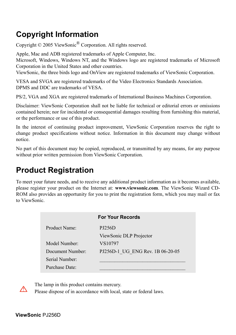 Copyright information, Product registration | VIEWSONIC PJ256D User Manual | Page 4 / 38