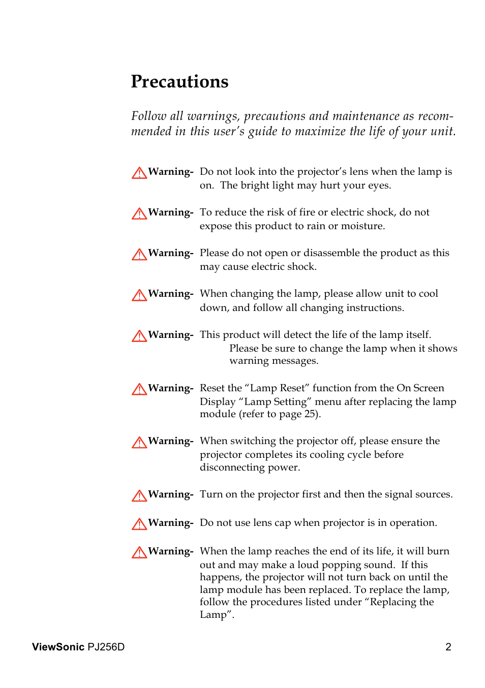 Precautions | VIEWSONIC PJ256D User Manual | Page 6 / 38