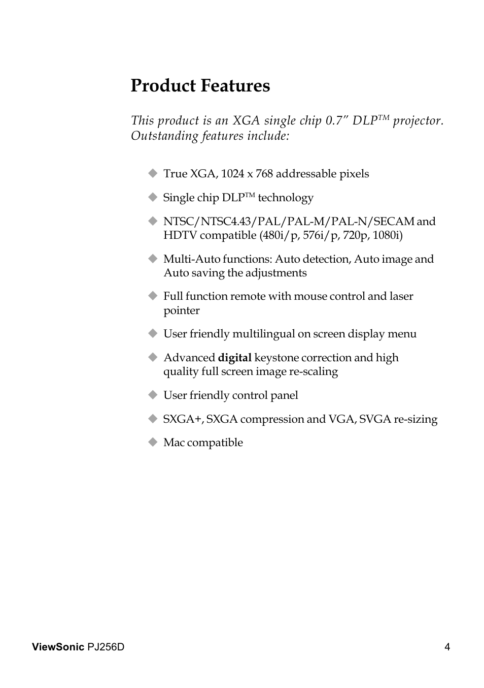 Product features | VIEWSONIC PJ256D User Manual | Page 8 / 38