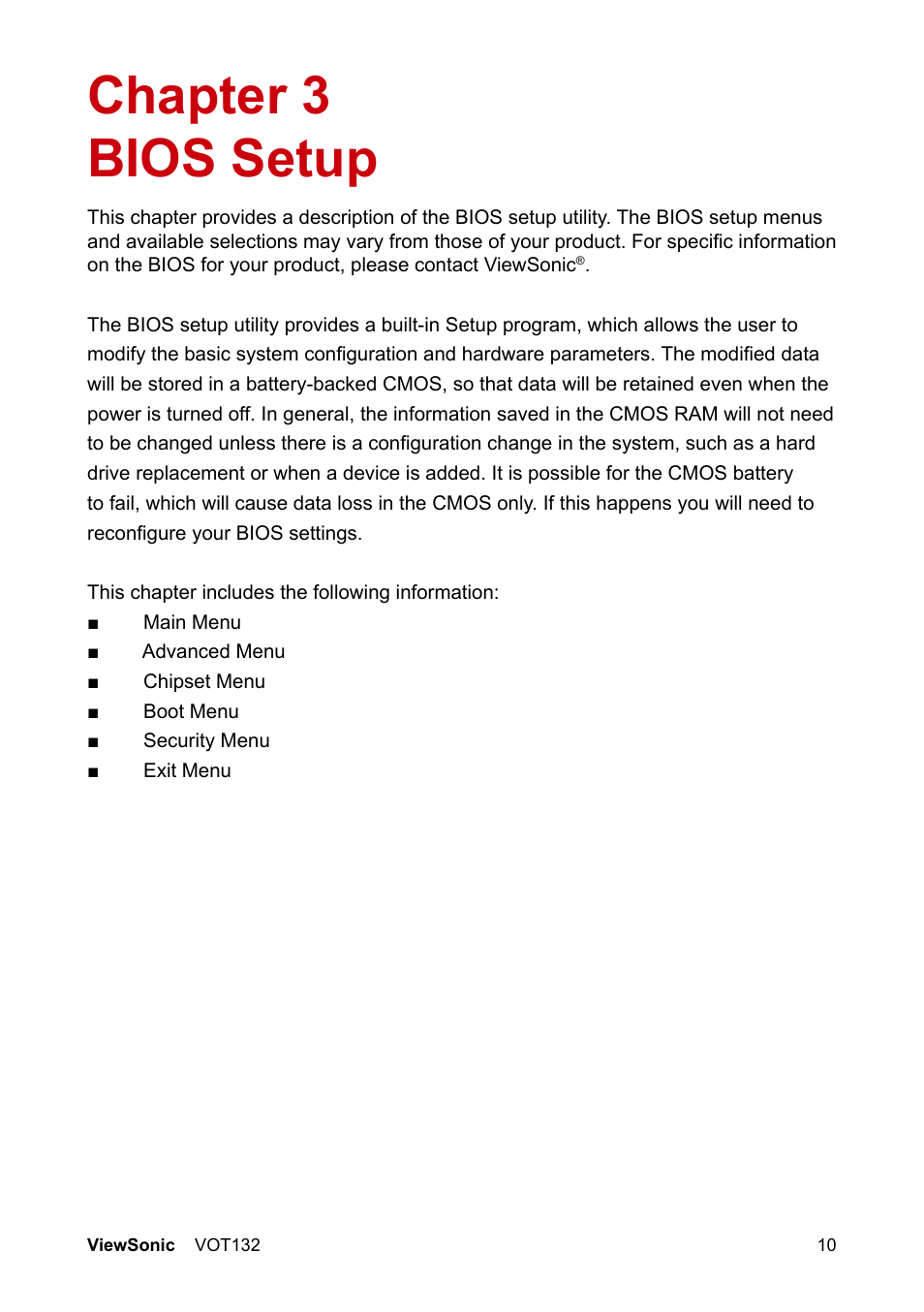 Chapter 3 bios setup | VIEWSONIC VS12933 User Manual | Page 17 / 35