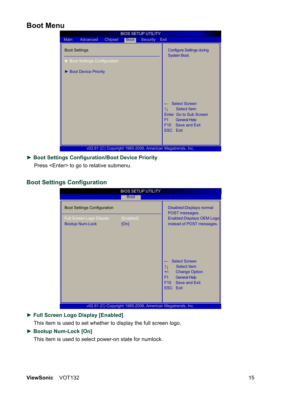 Boot menu, Boot settings configuration | VIEWSONIC VS12933 User Manual | Page 22 / 35