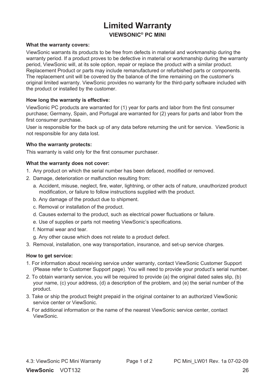 Limited warranty | VIEWSONIC VS12933 User Manual | Page 33 / 35