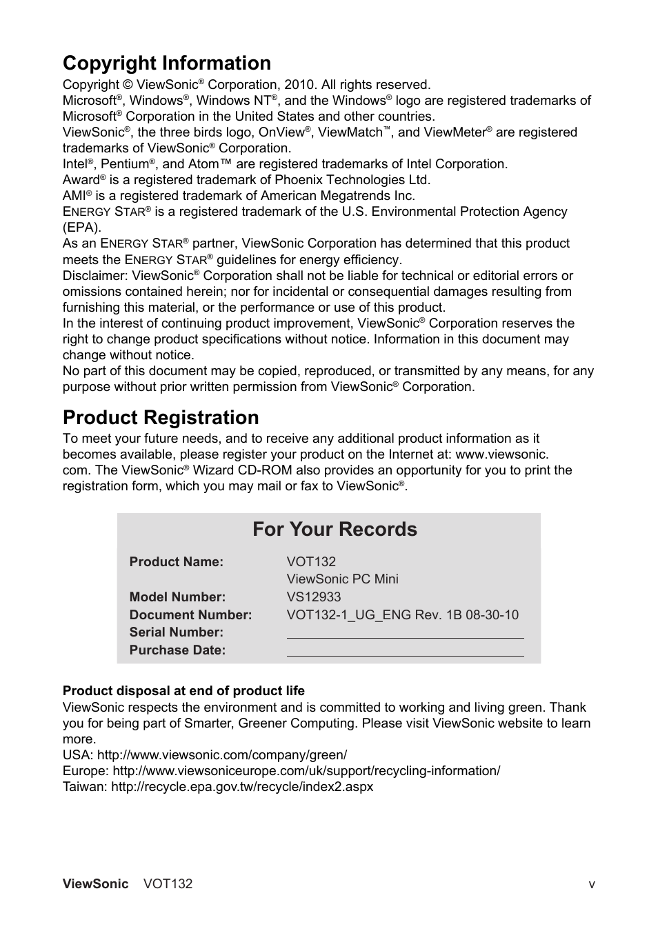 Copyright information, Product registration, For your records | VIEWSONIC VS12933 User Manual | Page 6 / 35