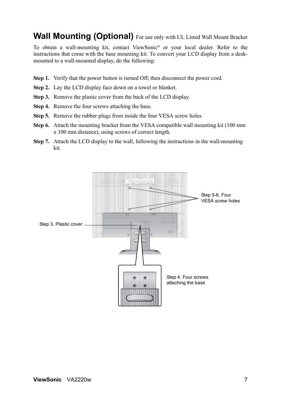 Wall mounting (optional) | VIEWSONIC VA2220W User Manual | Page 10 / 25