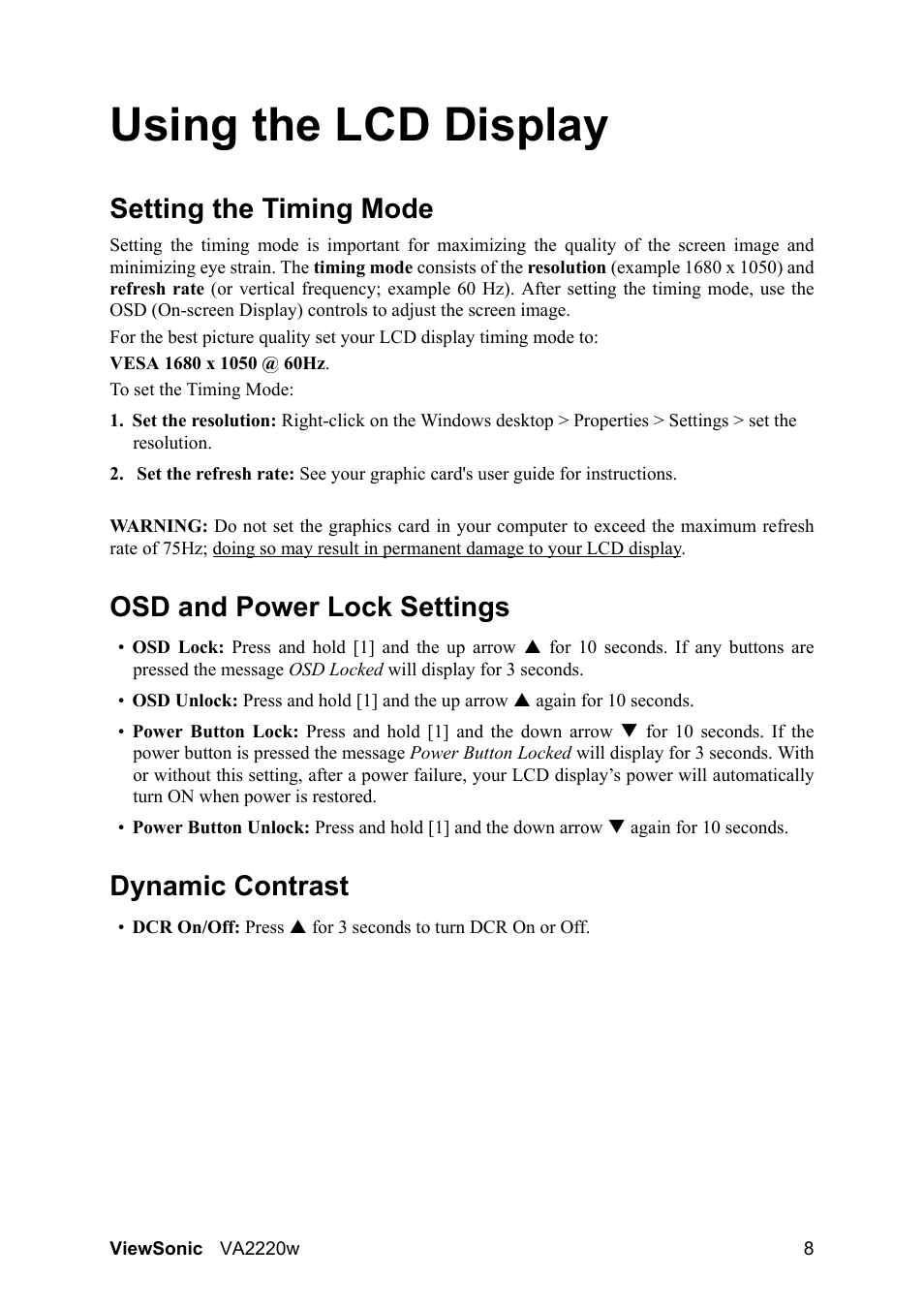 Using the lcd display, Setting the timing mode, Osd and power lock settings | Dynamic contrast | VIEWSONIC VA2220W User Manual | Page 11 / 25