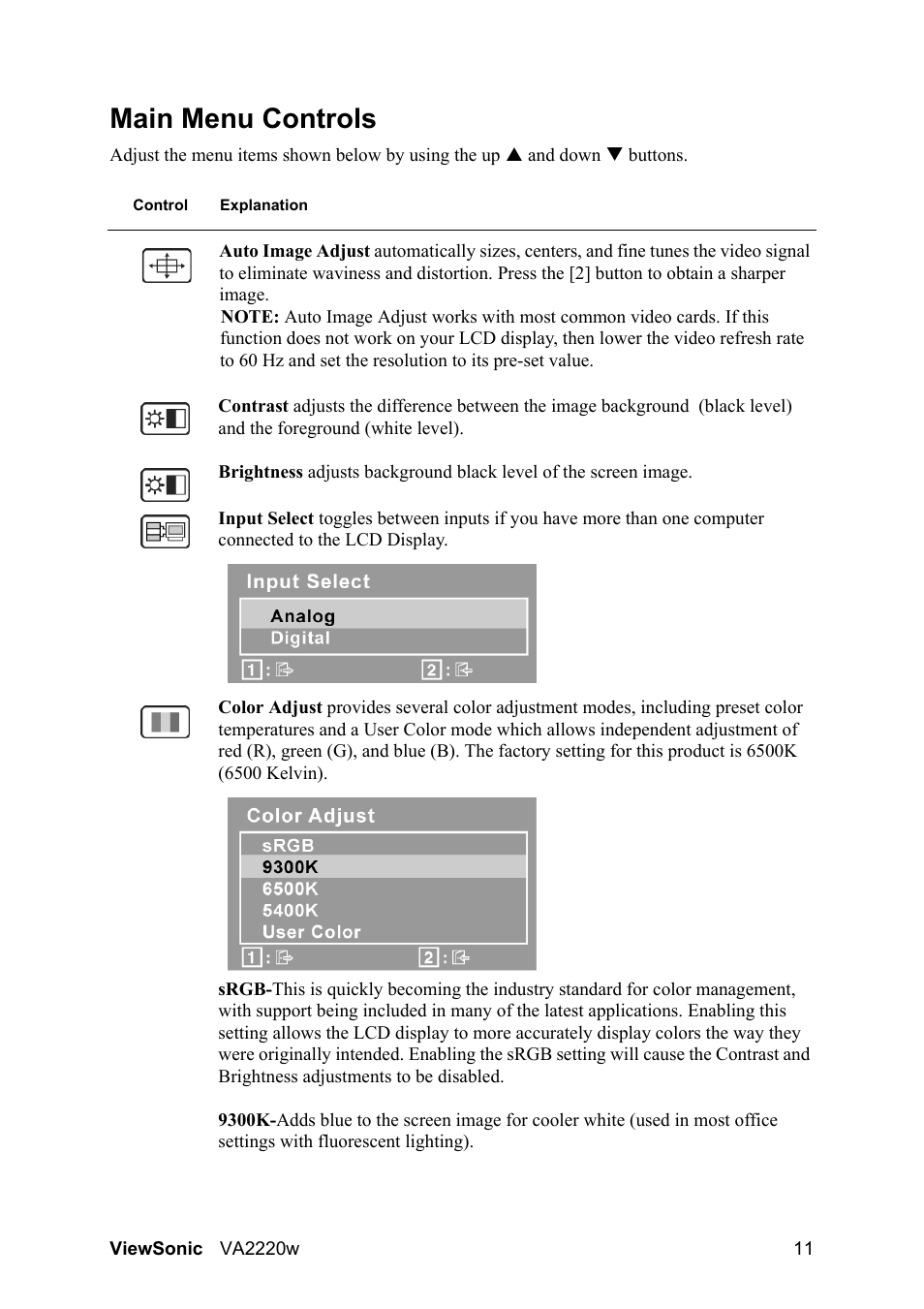 Main menu controls | VIEWSONIC VA2220W User Manual | Page 14 / 25