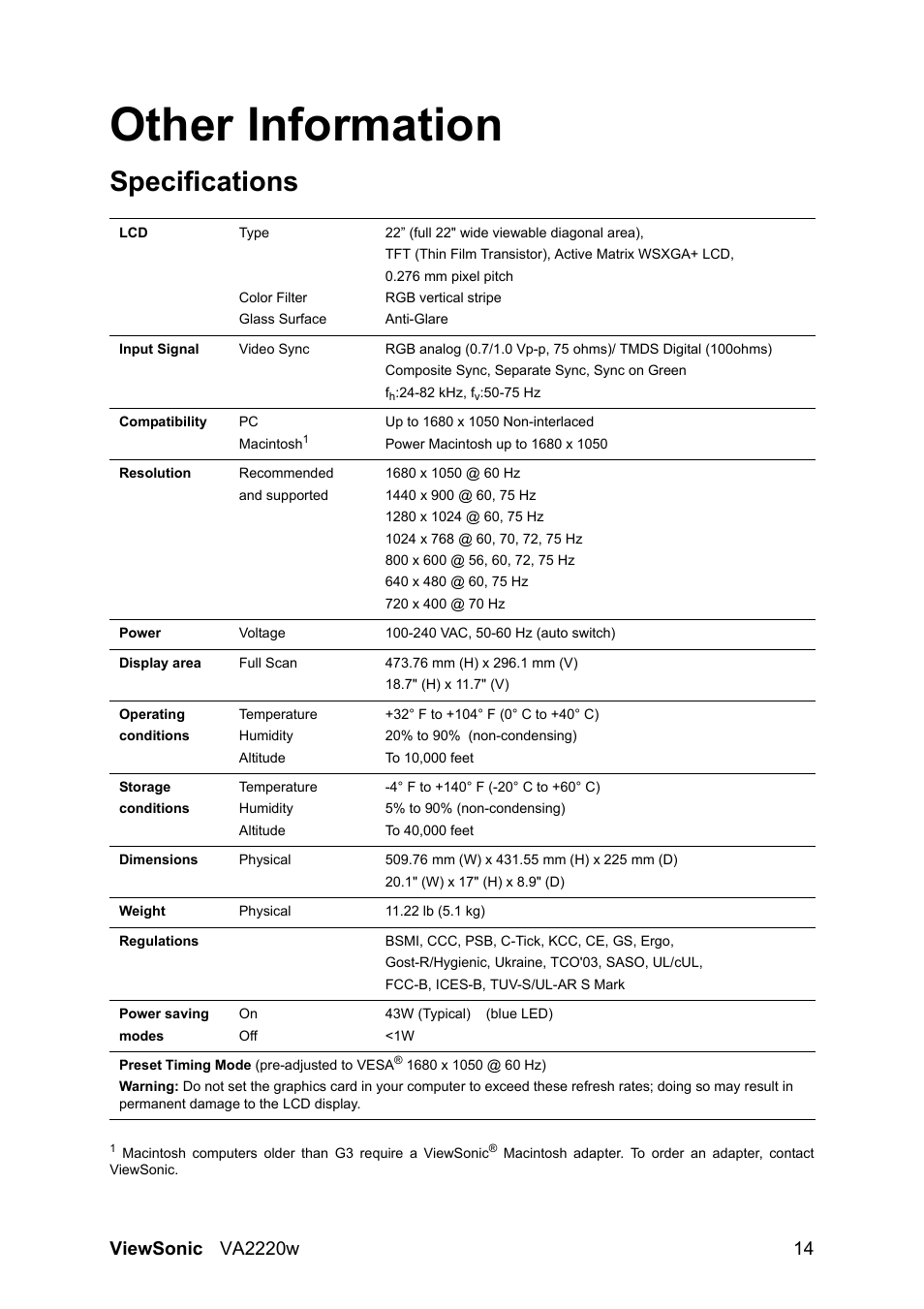 Other information, Specifications | VIEWSONIC VA2220W User Manual | Page 17 / 25