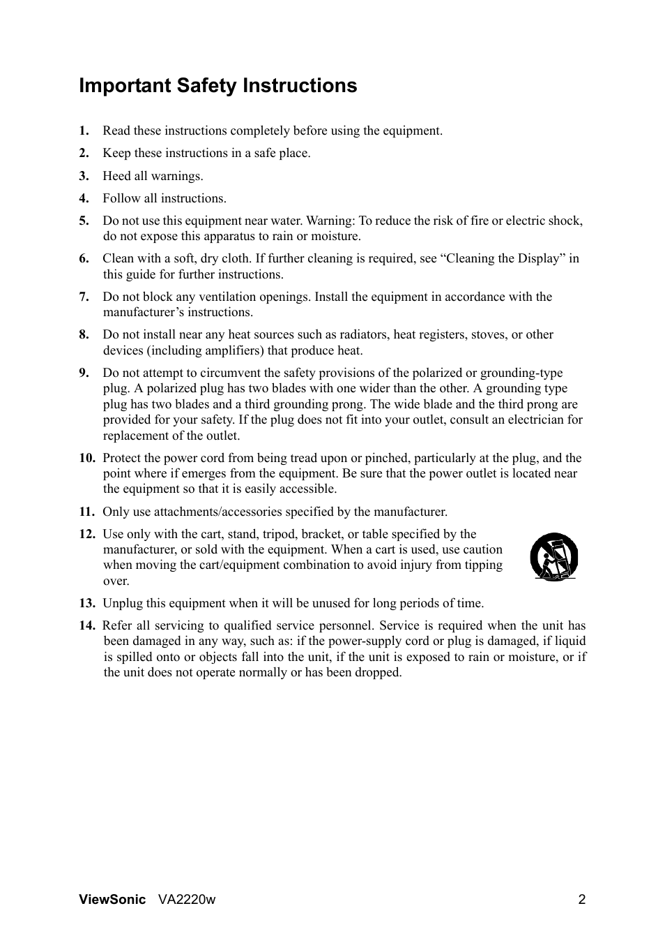 Important safety instructions | VIEWSONIC VA2220W User Manual | Page 5 / 25