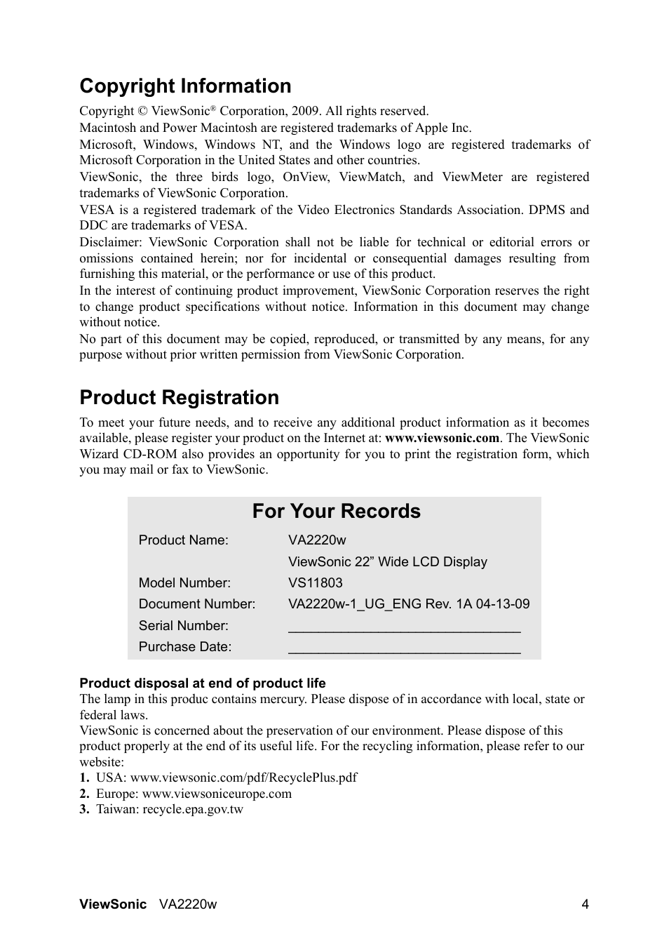 Copyright information, Product registration, For your records | VIEWSONIC VA2220W User Manual | Page 7 / 25