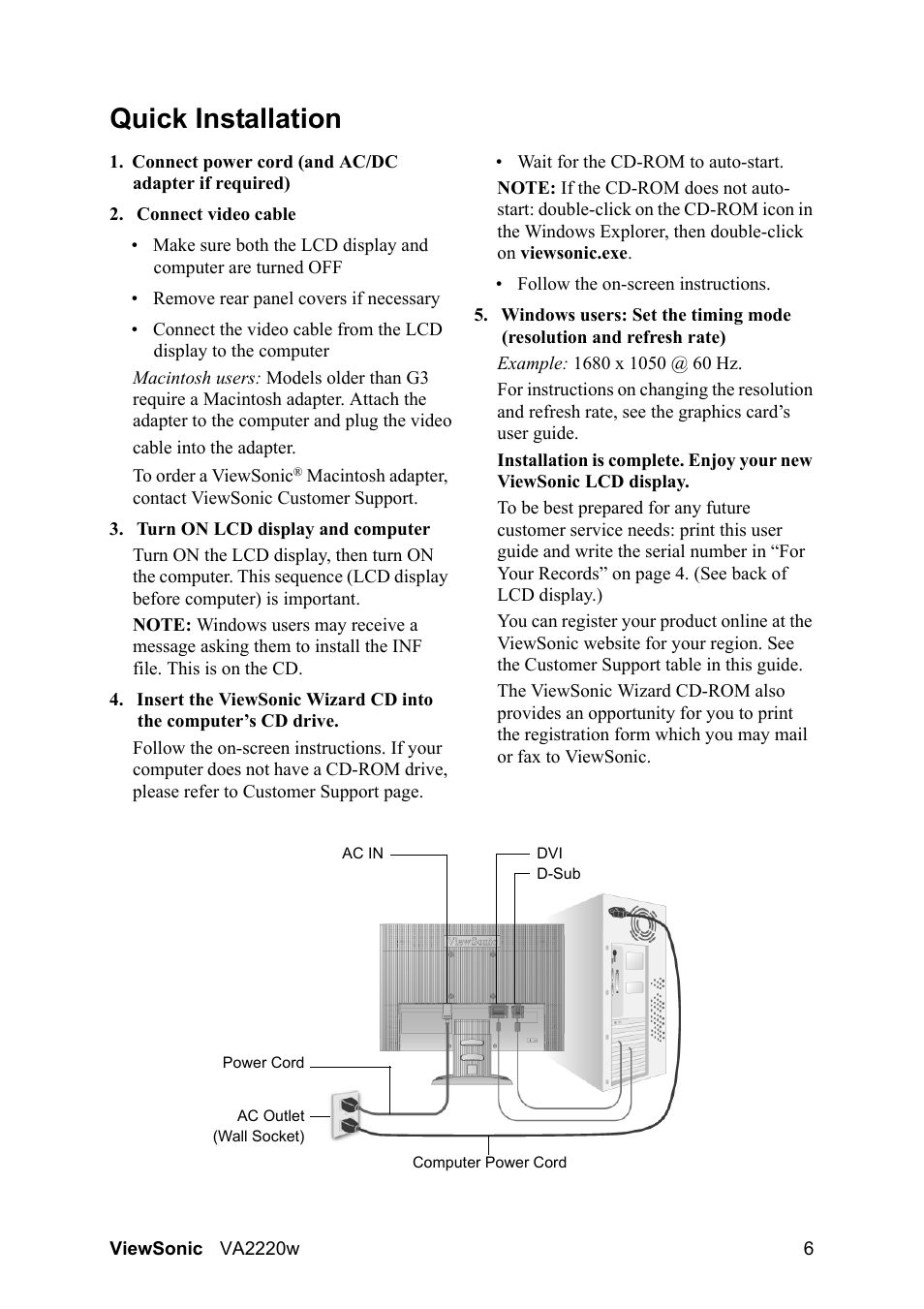 Quick installation | VIEWSONIC VA2220W User Manual | Page 9 / 25
