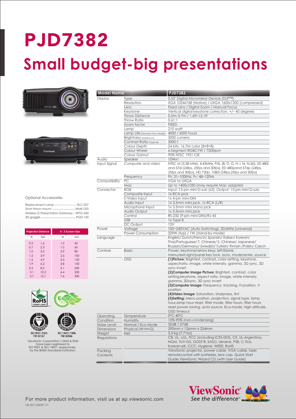 Pjd7382, Small budget-big presentations | VIEWSONIC PJD7382 VS13338 User Manual | Page 2 / 2