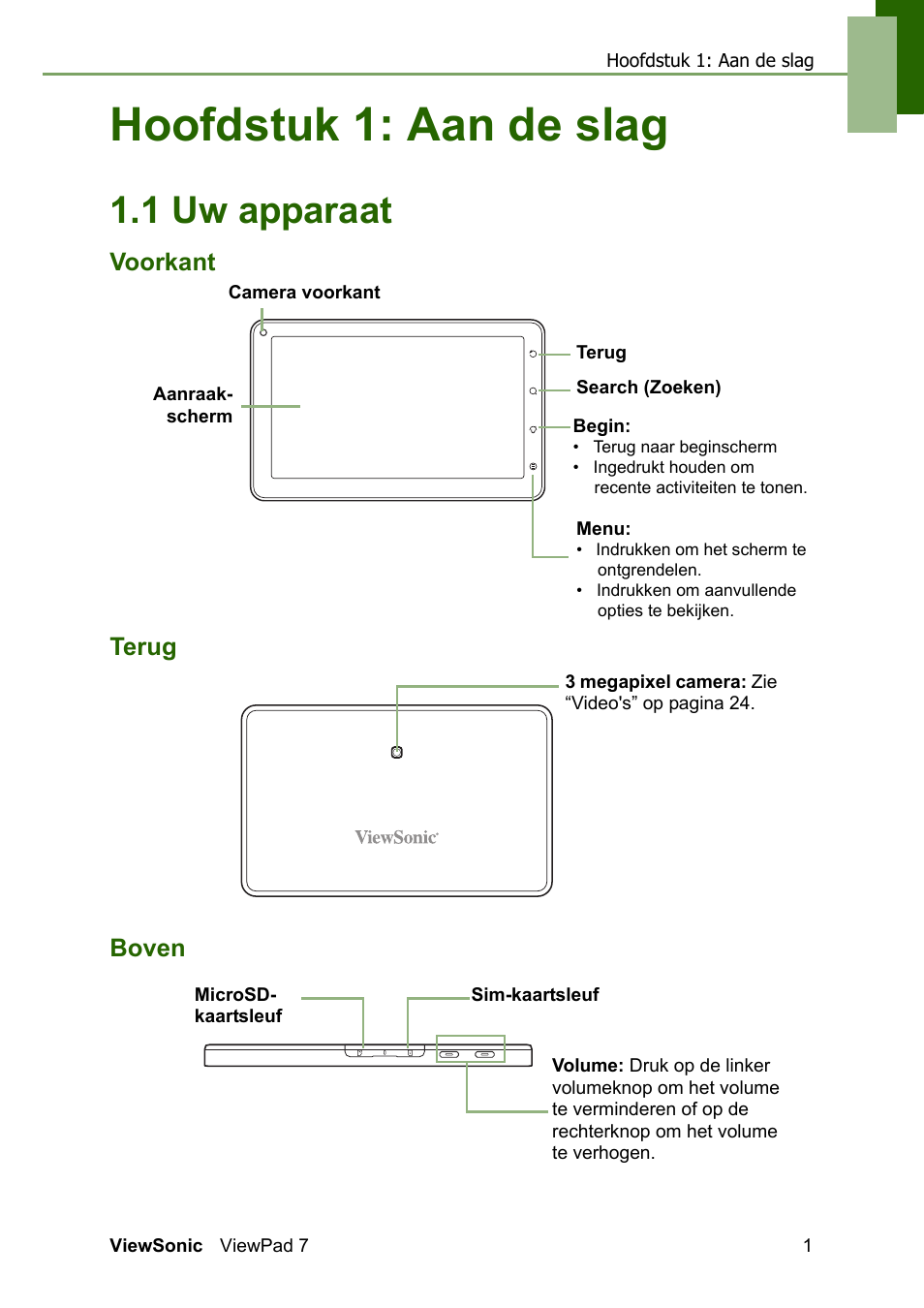 Chapter 1: aan de slag, 1 uw apparaat, Voorkant terug boven | Hoofdstuk 1: aan de slag | VIEWSONIC ViewPad 7 VS13761 User Manual | Page 12 / 69