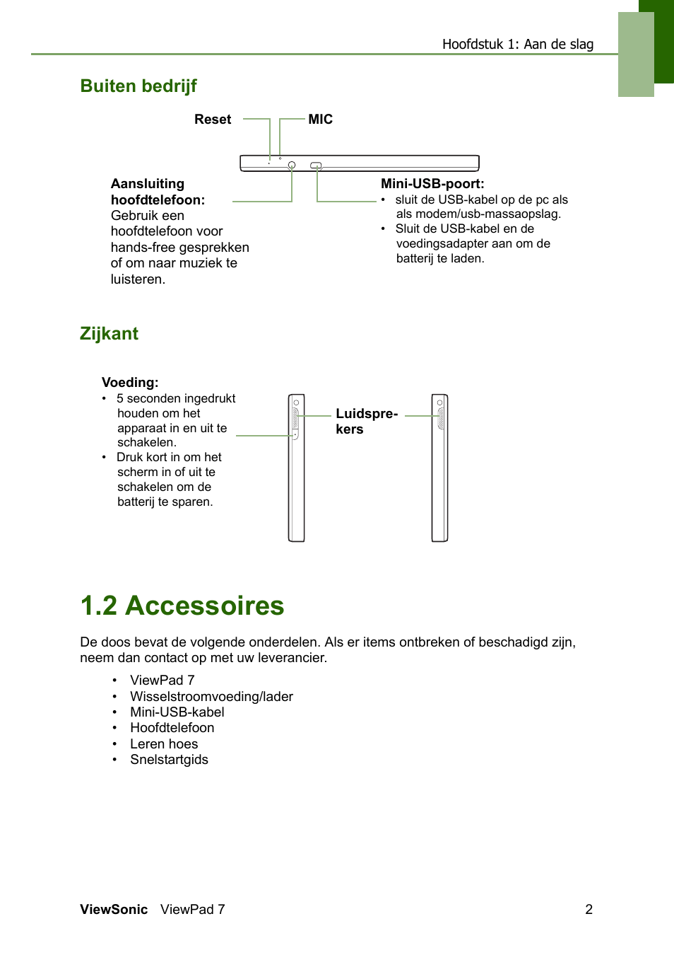Buiten bedrijf zijkant, 2 accessoires | VIEWSONIC ViewPad 7 VS13761 User Manual | Page 13 / 69