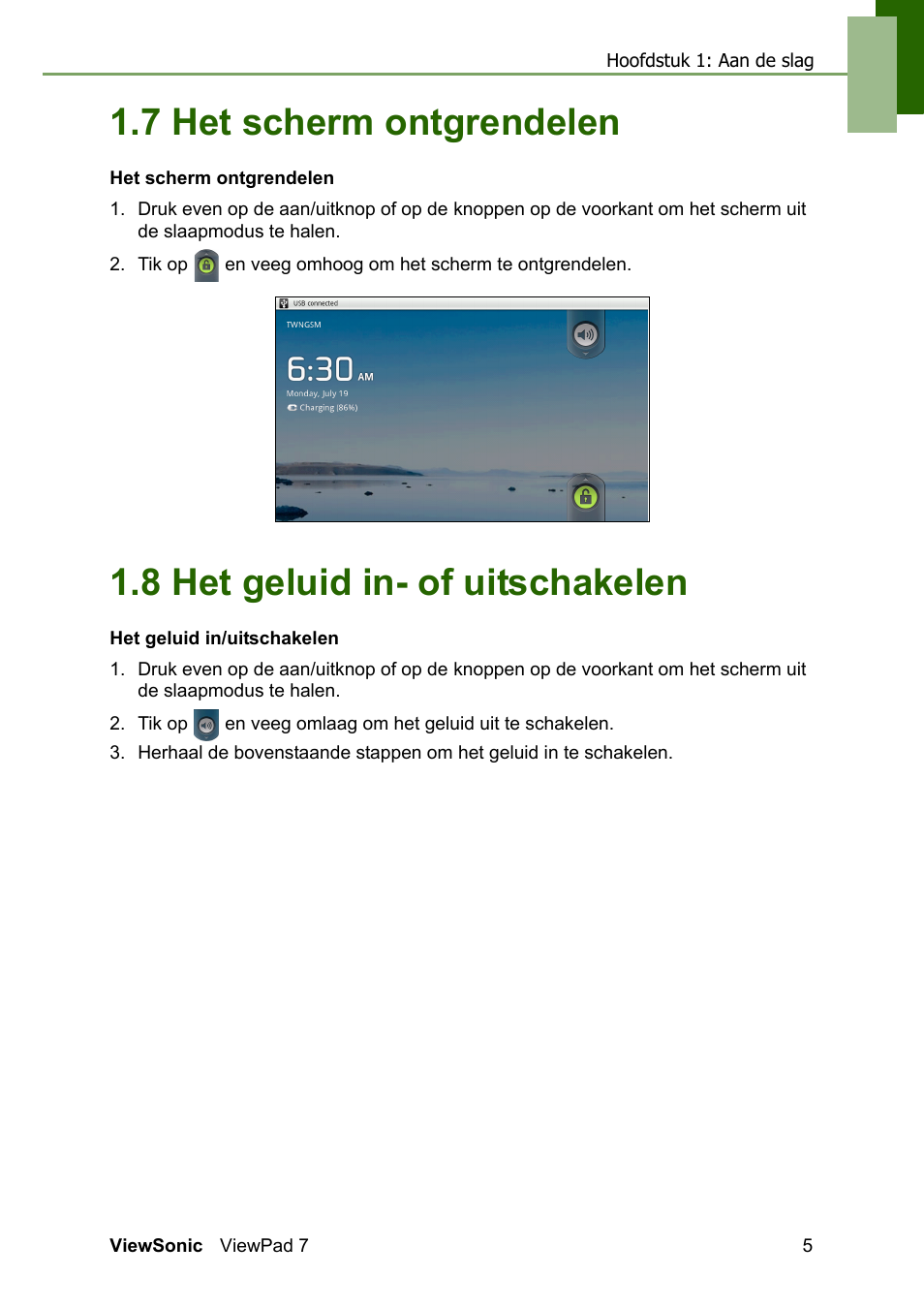7 het scherm ontgrendelen, 8 het geluid in- of uitschakelen | VIEWSONIC ViewPad 7 VS13761 User Manual | Page 16 / 69