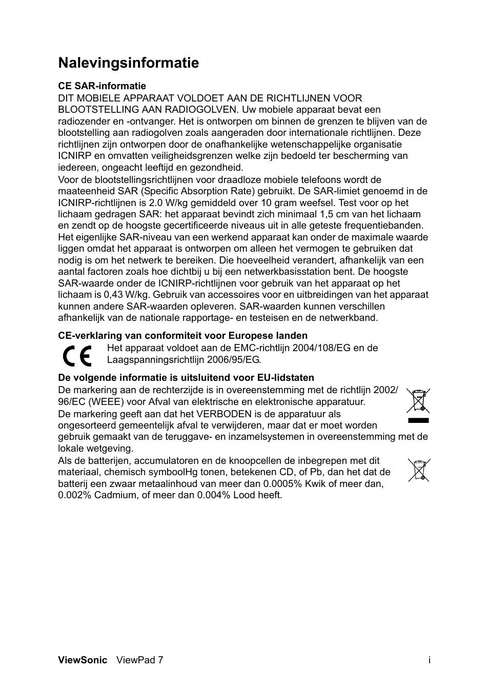 Nalevingsinformatie | VIEWSONIC ViewPad 7 VS13761 User Manual | Page 2 / 69