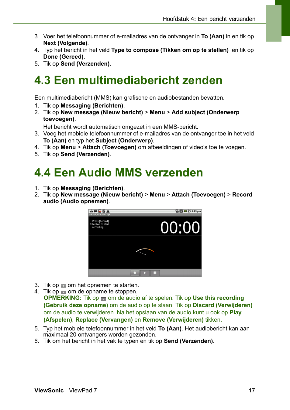 3 een multimediabericht zenden, Bevatten, 4 een audio mms verzenden | VIEWSONIC ViewPad 7 VS13761 User Manual | Page 28 / 69