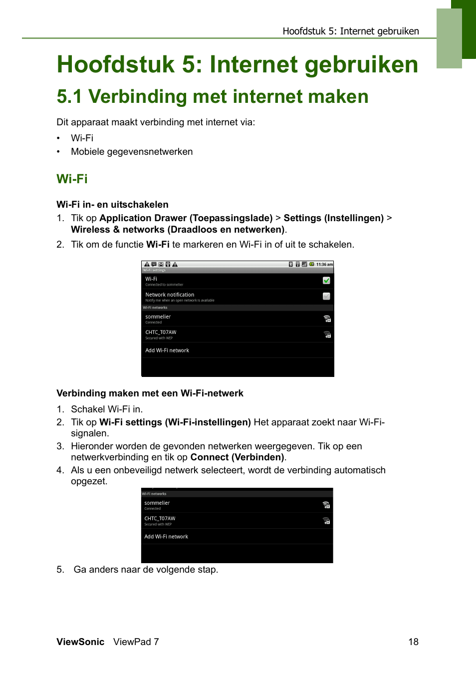 Chapter 5: internet gebruiken, 1 verbinding met internet maken, Wi-fi | Hoofdstuk 5: internet gebruiken | VIEWSONIC ViewPad 7 VS13761 User Manual | Page 29 / 69