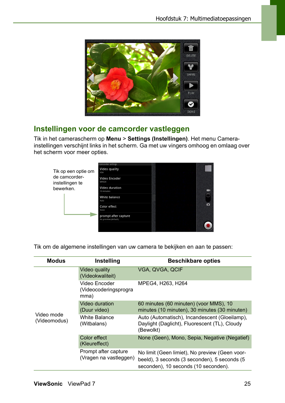 Instellingen voor de camcorder vastleggen | VIEWSONIC ViewPad 7 VS13761 User Manual | Page 36 / 69