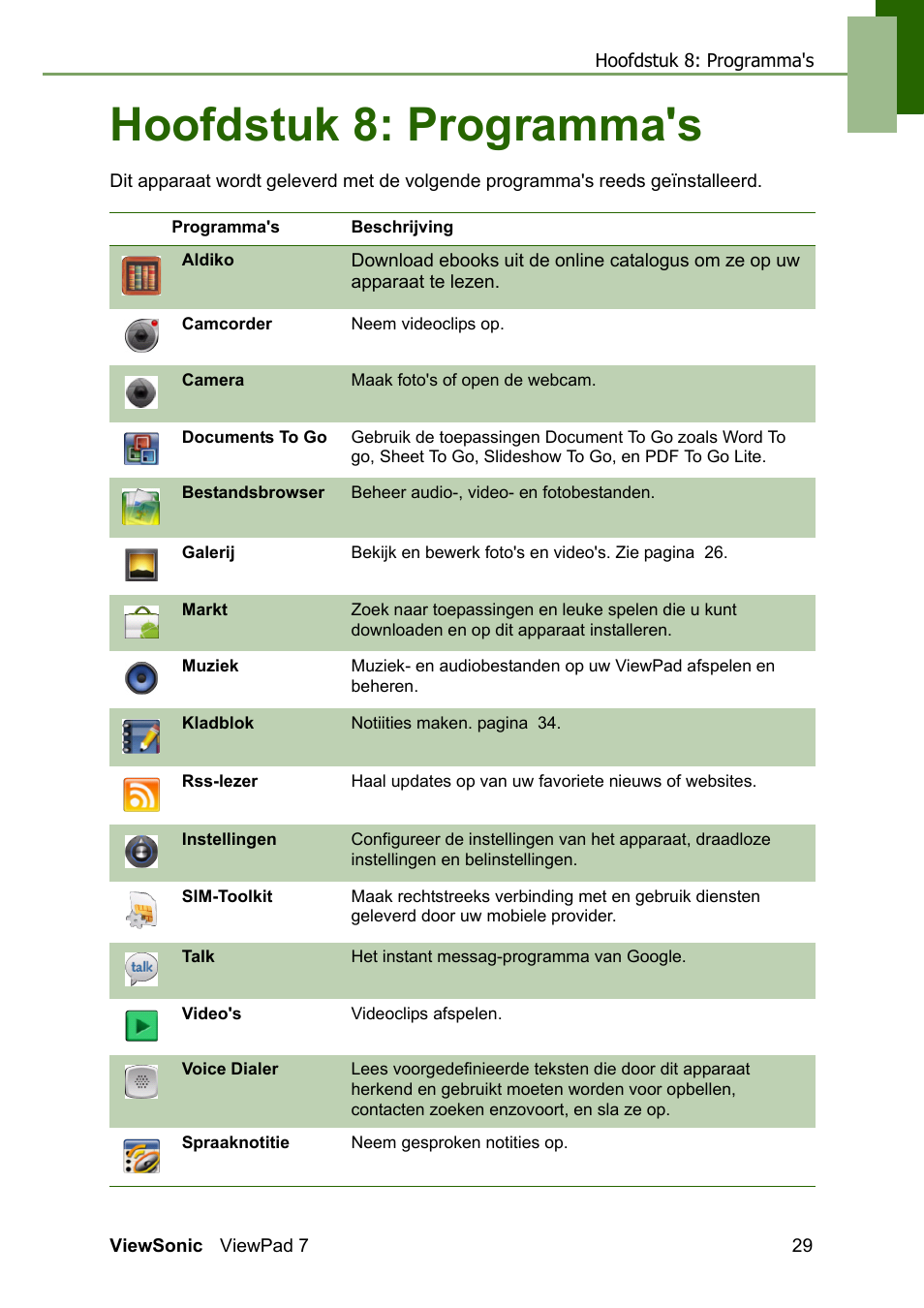 Chapter 8: programma's, Hoofdstuk 8: programma's | VIEWSONIC ViewPad 7 VS13761 User Manual | Page 40 / 69
