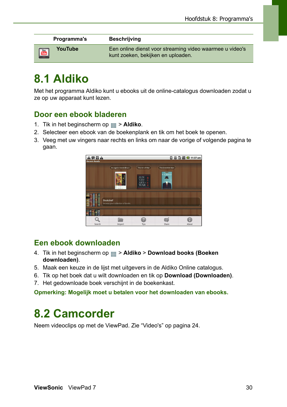 1 aldiko, Door een ebook bladeren een ebook downloaden, 2 camcorder | Door een ebook bladeren, Een ebook downloaden | VIEWSONIC ViewPad 7 VS13761 User Manual | Page 41 / 69