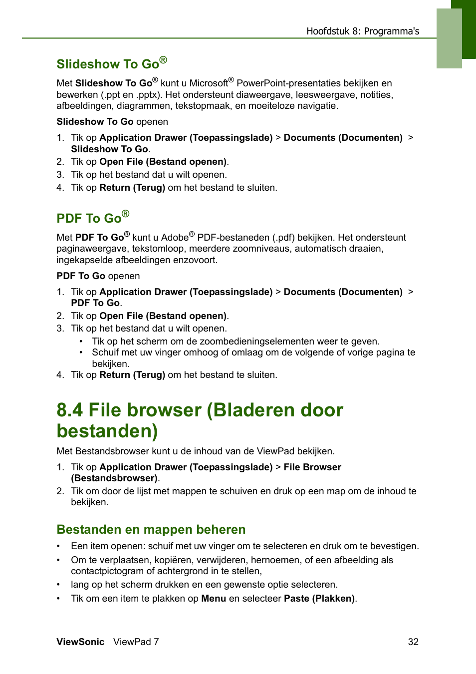 Slideshow to go® pdf to go, 4 file browser (bladeren door bestanden), Bestanden en mappen beheren | Slideshow to go, Pdf to go | VIEWSONIC ViewPad 7 VS13761 User Manual | Page 43 / 69