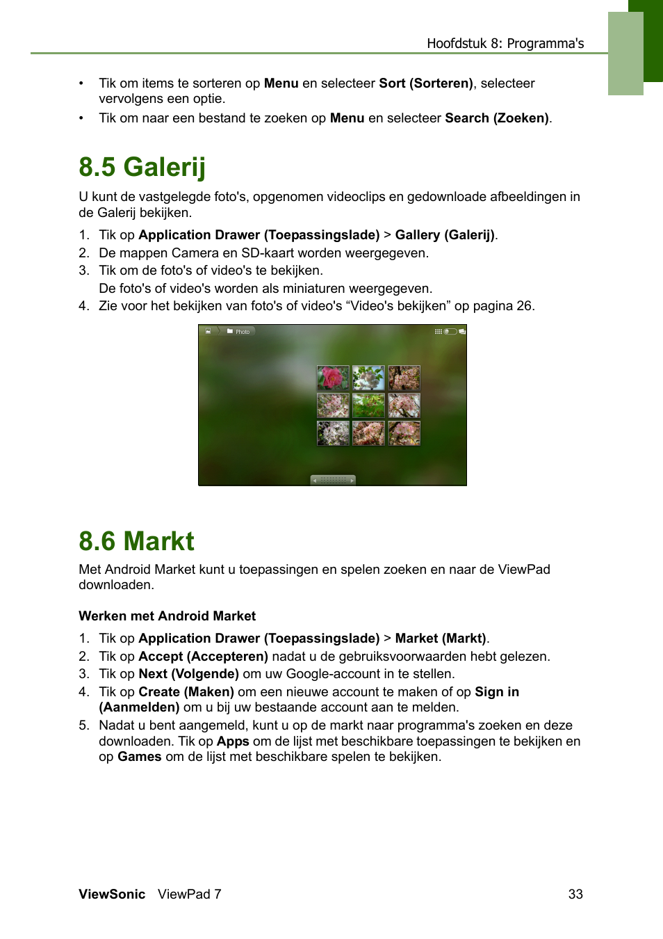 5 galerij 8.6 markt, 5 galerij, 6 markt | VIEWSONIC ViewPad 7 VS13761 User Manual | Page 44 / 69