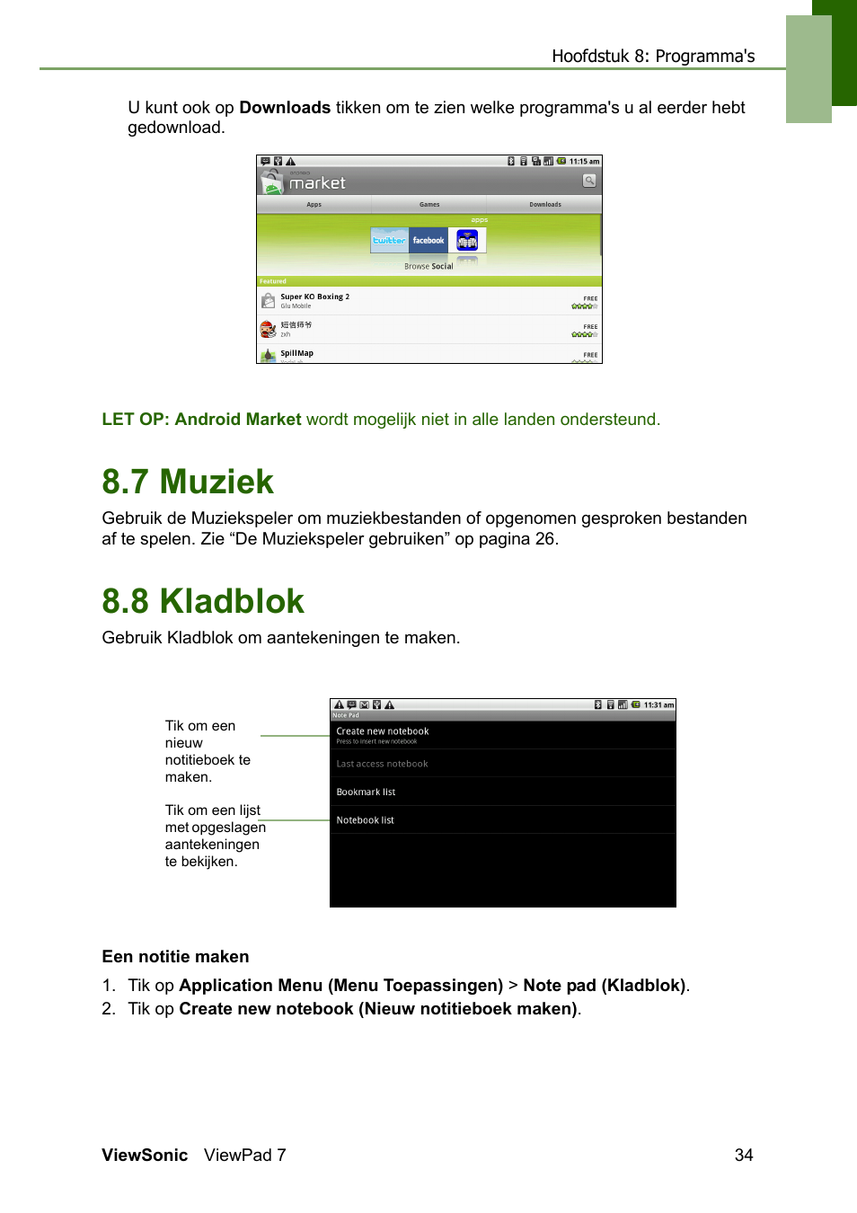 7 muziek 8.8 kladblok, 7 muziek, 8 kladblok | VIEWSONIC ViewPad 7 VS13761 User Manual | Page 45 / 69