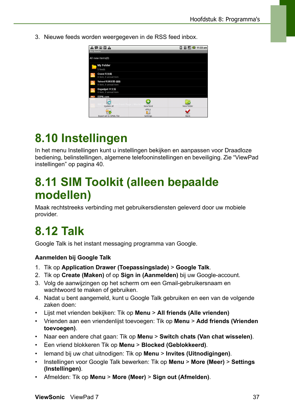 10 instellingen, 11 sim toolkit (alleen bepaalde modellen), 12 talk | VIEWSONIC ViewPad 7 VS13761 User Manual | Page 48 / 69