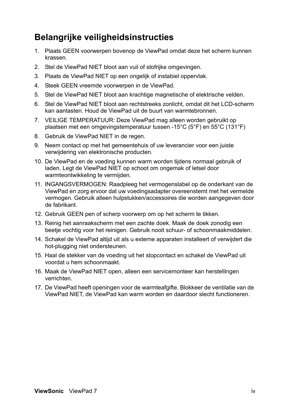 Belangrijke veiligheidsinstructies | VIEWSONIC ViewPad 7 VS13761 User Manual | Page 5 / 69