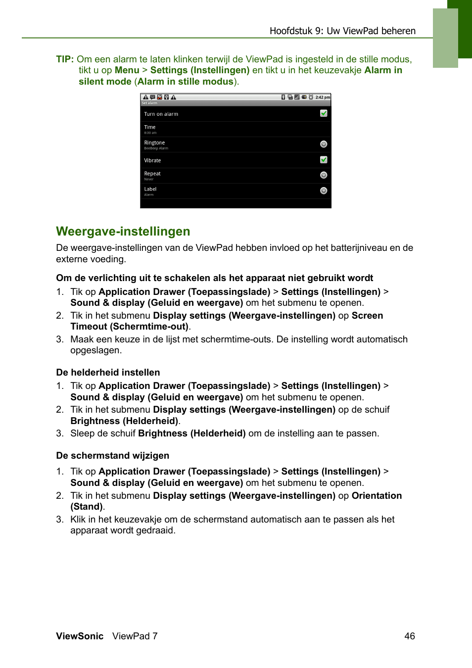 Weergave-instellingen | VIEWSONIC ViewPad 7 VS13761 User Manual | Page 57 / 69