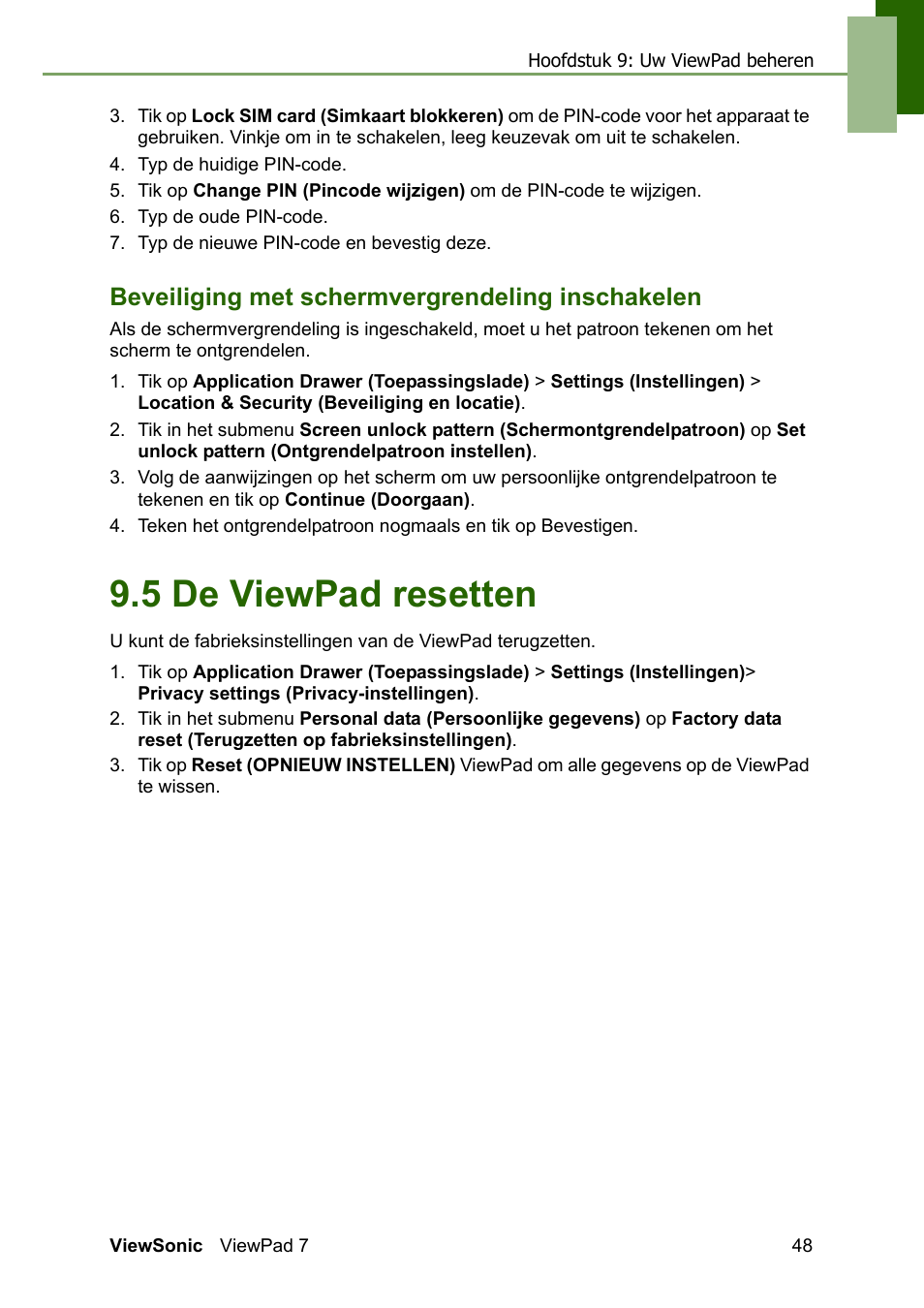 Beveiliging met schermvergrendeling inschakelen, 5 de viewpad resetten | VIEWSONIC ViewPad 7 VS13761 User Manual | Page 59 / 69